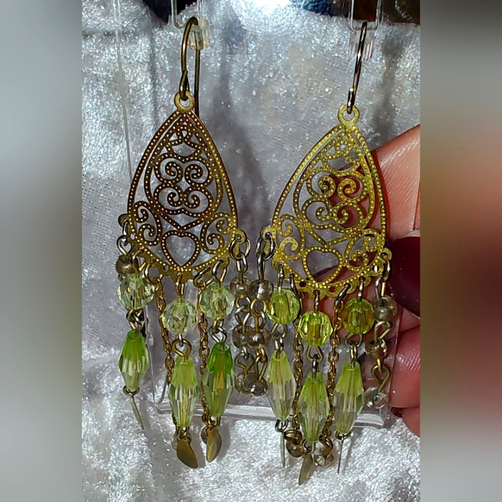 Final $ Elegant Gold Tone and Green Chandelier Earrings